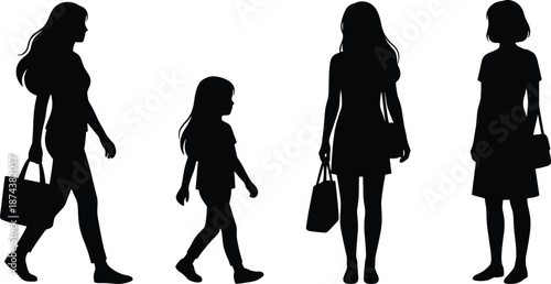 Women and child silhouettes walking and standing with handbags showing family shopping lifestyle movement isolated on white background illustration