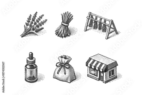 Halftone icons of farming and market items in vintage style