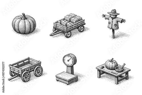 Vintage autumn harvest icons with pumpkin, wheelbarrow, and scarecrow in dotwork style