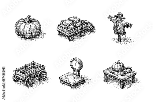 Retro harvest icons: detailed stippled fall harvest collection