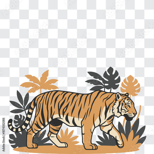 Tiger Silhouette Walking Through Jungle Foliage