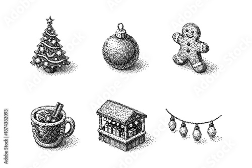 Christmas dot art: festive icons collection with stipple technique