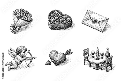 Romantic dotwork collection: roses, cupid, hearts, and love symbols with vintage charm