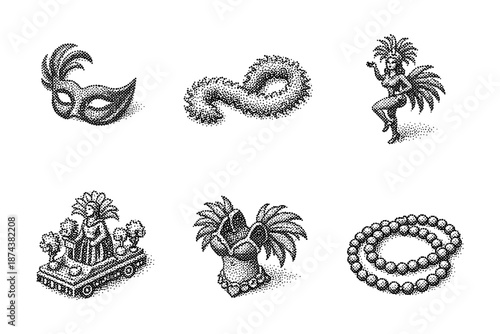 Intricate carnival elements in dotwork style: mask, feather boa, dancer, float, costume, necklace
