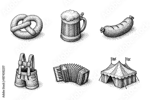 Vintage oktoberfest icons: pretzel, beer, sausage, lederhosen, accordion, tent in dot style
