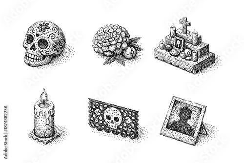 Dia de los muertos isometric art with sugar skull and marigolds