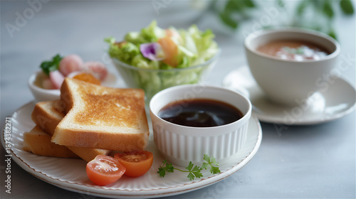 朝食のトーストにフォーカスしたテーブルシーン