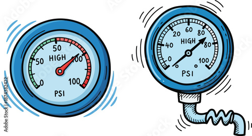 Two cartoon pressure gauges showing high readings