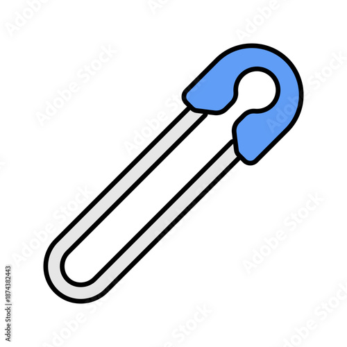 Blue Safety Pin Flat design style, simple metal fastening pin with a blue finish, symbolizing temporary fixing and sewing needs, ideal for textile, fashion, and craft designs.