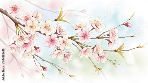 A delicate vector illustration of cherry blossoms on a branch with a soft pastel background
