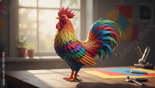 Vibrant Rooster Standing on Artistic Workspace.