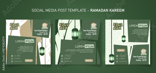 Ramadan kareem. Social media post template in green background and lighting lantern design
