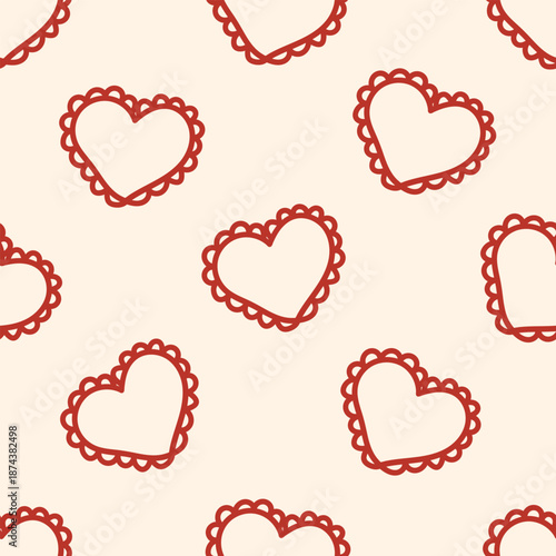 Seamless pattern of red hand drawn romantic hearts on a beige background. Design elements for Valentine's Day. Vector illustration	