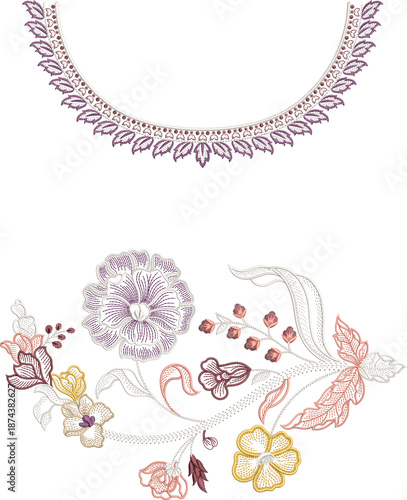 New art work Neck line shirt motif bunch lace border Embroidery Design Pattern Patch floral ornament textile ethnic flowers and leafs plants colur full design seleves and patti Embroidery design