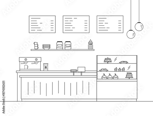 Interior of coffee shop, cafe, restaurant  in line art style. Vector illustration