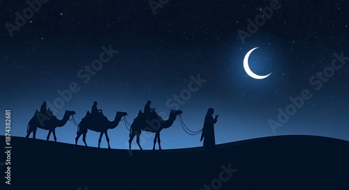 Camel caravan journey under crescent moonlight.