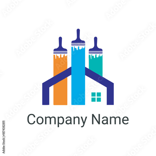 Painting and home repair logo with three paintbrushes forming abstract house design vector