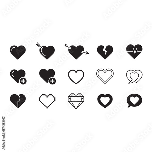 Collection of black heart icons with various designs and symbols.