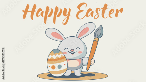 Cute Easter bunny painting colorful egg with brush happily