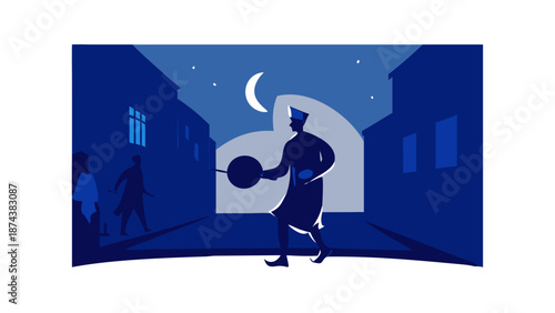 A traditional silhouette of a "Musaharati" (Ramadan drummer) walking through narrow ancient streets at dawn, beating a small drum to wake people for Suhoor. Crescent moon and stars in a deep indigo .
