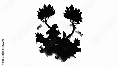 Mysterious silhouette of a surreal floating island with strange trees and small figures.