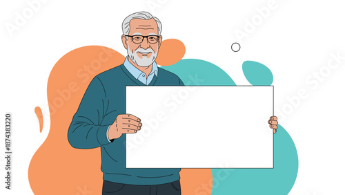 Friendly senior man with glasses holding a large blank white banner for informative messages or announcements.