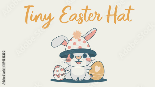 Cute cartoon bunny in tiny Easter hat with eggs