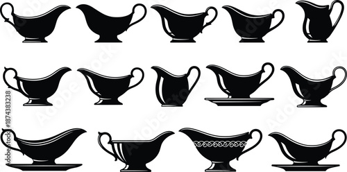 Large Collection of Gravy Boat Silhouettes Including Sauce Pitchers Creamers and Sauce Boats for Kitchenware Design Culinary Projects Restaurant Menus and Dining Graphic Vector Illustration