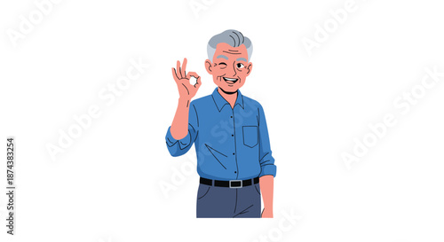 Friendly senior man with gray hair winking and giving an okay hand gesture to show his approval and confidence.