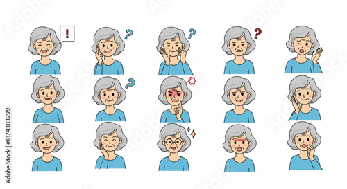 Large set of various facial expressions and emotions for a senior woman in a blue top for social communication.
