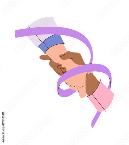 Human hands wrapped cancer ribbon