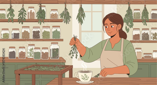 Woman Preparing Herbal Tea with Dried Herbs in Apothecary.