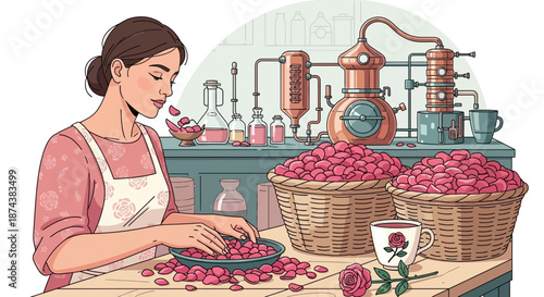 Woman Sorting Rose Petals for Essential Oil Distillation.