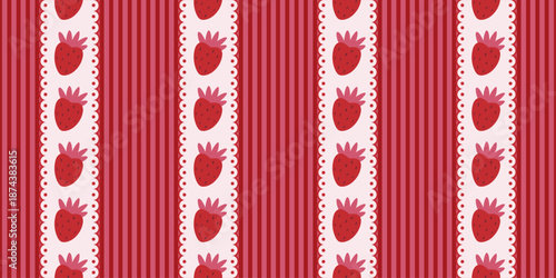 Valentine’s Day seamless striped pattern with strawberry borders on red and white background. Romantic sweet texture for wrapping paper, greeting cards, invitations, textiles,packaging,and wallpapers.