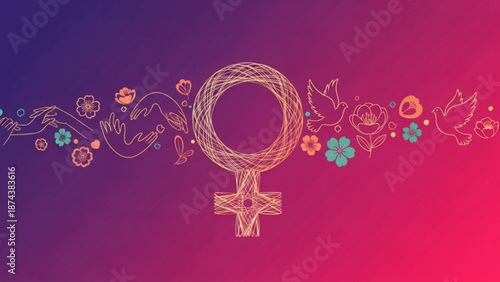 A vector graphic illustration of a female symbol with flowers and leaves on a purple background