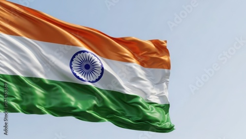 Indian flag waving against a clear blue sky. National symbol of India with saffron, white, and green stripes and Ashoka Chakra. Patriotism concept with copy space