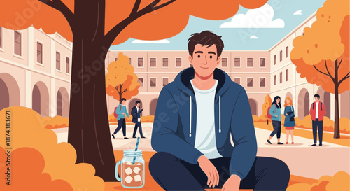 Young Man Sitting in Autumn Park Relaxing and Enjoying the Scenery.