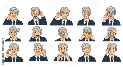 Collection of diverse facial expressions for a senior businessman in a suit reflecting professional work experiences.