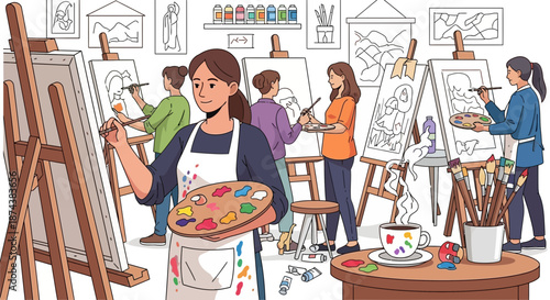 Art Class in Session Students Painting Landscapes with Easels.