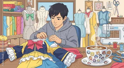 Animestyle tailor meticulously crafting a detailed costume at his workspace.