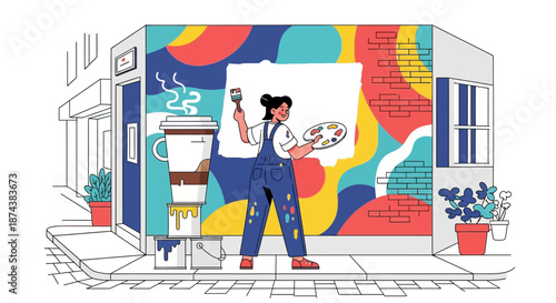 Artist painting mural on building wall with vibrant colors.