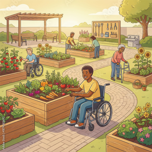 A diverse group of people, including individuals in wheelchairs and seniors, enjoy gardening together in a beautiful and accessible community garden.. Vector illustration