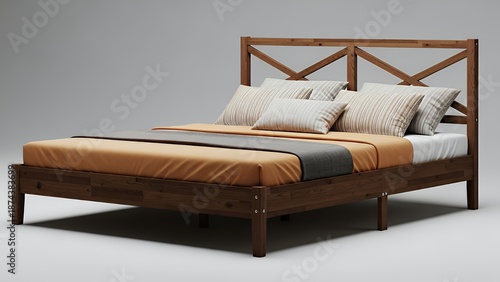 Wooden Bed Frame with Pillows and Blanket.