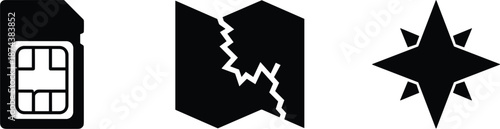 Professional black solid icon set featuring mobile SIM card folded map and directional compass star for navigation concepts.