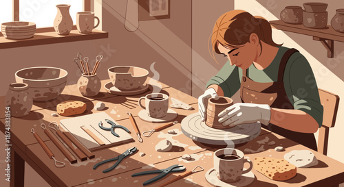 Focused Potter Shaping Clay on Wheel in Workshop.