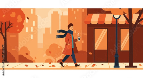 Man Walking with Coffee in Autumn Cityscape Illustration.