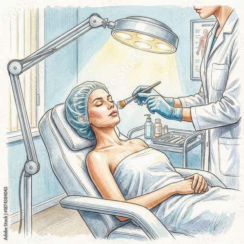 A woman relaxes while receiving a professional facial treatment from an esthetician or dermatologist in a modern, clean clinic. Vector illustration