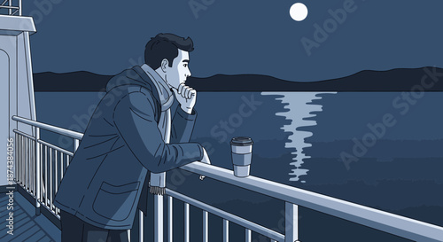 Pensive Man on Deck at Night Gazing at Moonlit Water.