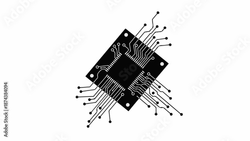 Modern microchip with intricate circuit board connections, representing advanced technology and digital innovation.
