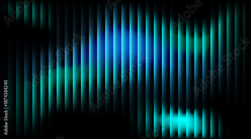 Abstract futuristic neon background, glowing vertical light lines, dynamic gradient waves in blue, green, and cyan, dark black background, vibrant teal and blue gradient stripes